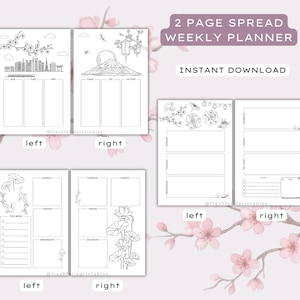Op de afbeelding: Een set printbare weekplanner-vellen voor een 2-pagina spread met zwart-wit lijntekeningen. De ontwerpen bevatten Japans ge&iuml;nspireerde motieven zoals kersenbloesems, de berg Fuji, koikarpers en lotusbloemen met gelabelde dagelijkse secties.