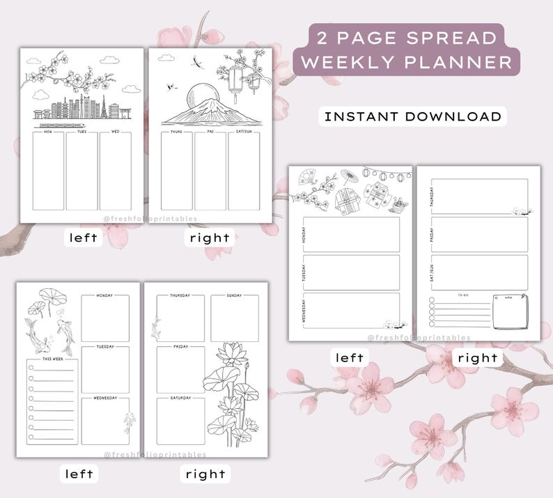 Op de afbeelding: Een set printbare weekplanner-vellen voor een 2-pagina spread met zwart-wit lijntekeningen. De ontwerpen bevatten Japans ge&iuml;nspireerde motieven zoals kersenbloesems, de berg Fuji, koikarpers en lotusbloemen met gelabelde dagelijkse secties.
