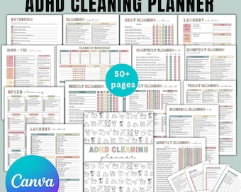ADHD cleaning planner bundle pdf editable canva, Home cleaning schedule, Weekly, Monthly, Yearly Cleaning, Declutter, Family Chore Chart