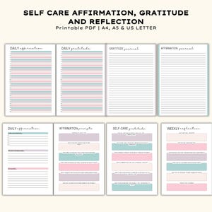 May include: Printable self-care journal pages with prompts for daily affirmations, gratitude, and reflection. The pages feature pastel pink, blue, and gray horizontal stripes and text boxes. The journal is available in A4, A5, and US Letter sizes.