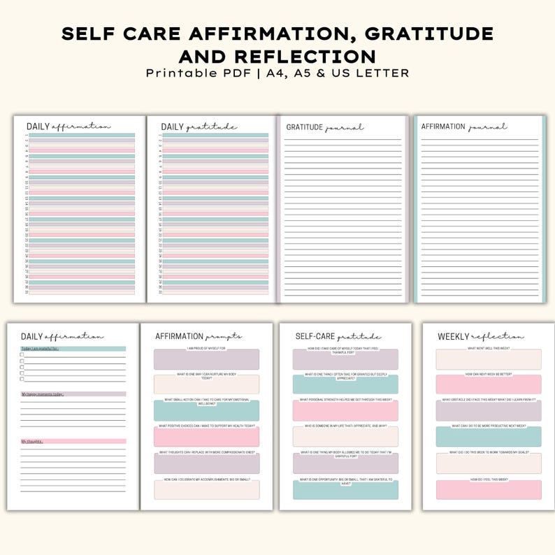 May include: Printable self-care journal pages with prompts for daily affirmations, gratitude, and reflection. The pages feature pastel pink, blue, and gray horizontal stripes and text boxes. The journal is available in A4, A5, and US Letter sizes.