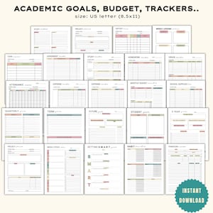 May include: A collection of printable academic planners and trackers, including study schedules, budget sheets, and goal trackers. The pages are designed in a minimalist style with pastel color accents and the text "ACADEMIC GOALS, BUDGET, TRACKERS.." is visible.
