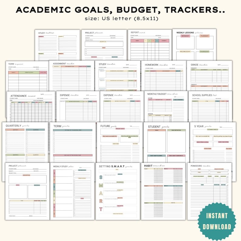 May include: A collection of printable academic planners and trackers, including study schedules, budget sheets, and goal trackers. The pages are designed in a minimalist style with pastel color accents and the text "ACADEMIC GOALS, BUDGET, TRACKERS.." is visible.