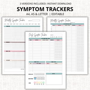 Può includere: Un set di tracker dei sintomi stampabili nei formati A4, A5 e Letter. I tracker includono layout mensili e giornalieri con sezioni per sintomi, trigger, durata e gravità. Il design è minimalista.