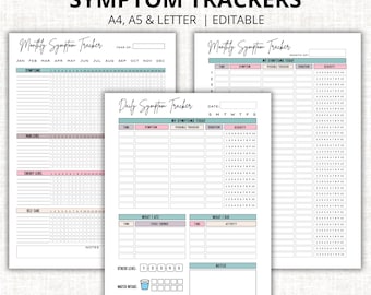 Registro de síntomas editable, plantilla mensual de síntomas, inserto para diario de bienestar, carpeta médica, imprimible para enfermedades crónicas, registro del cuidador en PDF