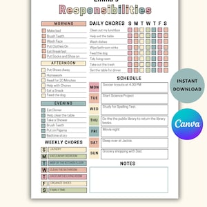 May include: A printable responsibilities chart for Emma, detailing daily chores, a weekly chore list, and a schedule. The chart includes sections for morning, afternoon, and evening tasks, with checkboxes for tracking completion. The design is editable in Canva.