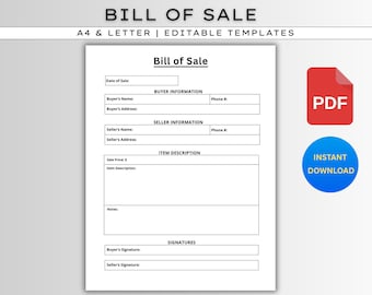 Editable Bill of Sale, Printable Bill of Sale Form, Fillable Sale Receipt, Sale Agreement, Editable Bill of Sale Contract, Instant Download