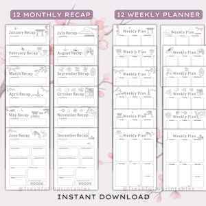 Op de afbeelding: Een set printbare plannerpagina's met 12 maandelijkse overzichtsbladen en 12 weekplanners. Elke pagina bevat zwarte lijntekeningen, koppen zoals January Recap en Weekly Plan, en secties voor notities, doelen en beoordelingen.