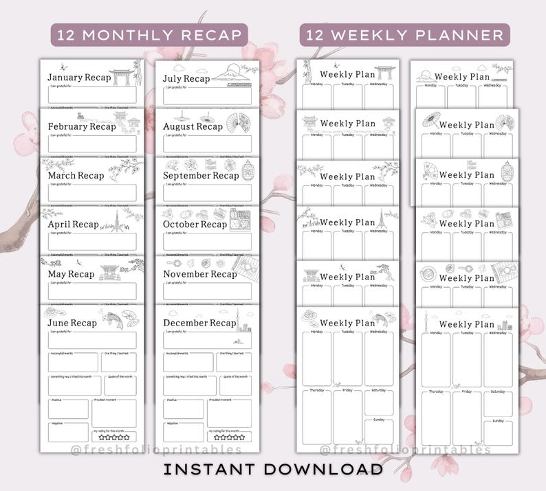 Op de afbeelding: Een set printbare plannerpagina's met 12 maandelijkse overzichtsbladen en 12 weekplanners. Elke pagina bevat zwarte lijntekeningen, koppen zoals January Recap en Weekly Plan, en secties voor notities, doelen en beoordelingen.