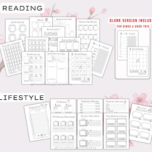 Op de afbeelding: Een verzameling zwart-wit printbare plannerpagina's onderverdeeld in secties voor Lezen en Lifestyle. De sectie Lezen bevat trackers voor audioboeken, boekrecensies en bingospellen. De Lifestyle-sectie bevat sjablonen voor afspeellijsten, podcasts, tv-programma's en bekeken films.