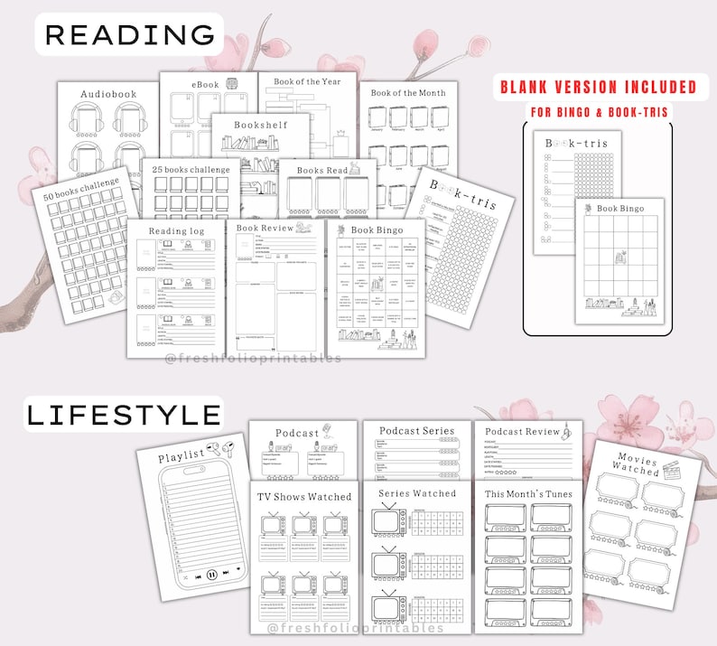 Op de afbeelding: Een verzameling zwart-wit printbare plannerpagina's onderverdeeld in secties voor Lezen en Lifestyle. De sectie Lezen bevat trackers voor audioboeken, boekrecensies en bingospellen. De Lifestyle-sectie bevat sjablonen voor afspeellijsten, podcasts, tv-programma's en bekeken films.