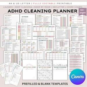 Pacchetto di pianificazione delle pulizie per ADHD: lista di controllo delle pulizie, programma delle pulizie, scheda delle pulizie, tabella delle faccende domestiche, sfida di decluttering, modificabile da Canva