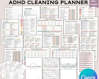 ADHD cleaning planner bundle - cleaning checklist, cleaning schedule, cleaning card, family chore chart, declutter challenge, Canva editable