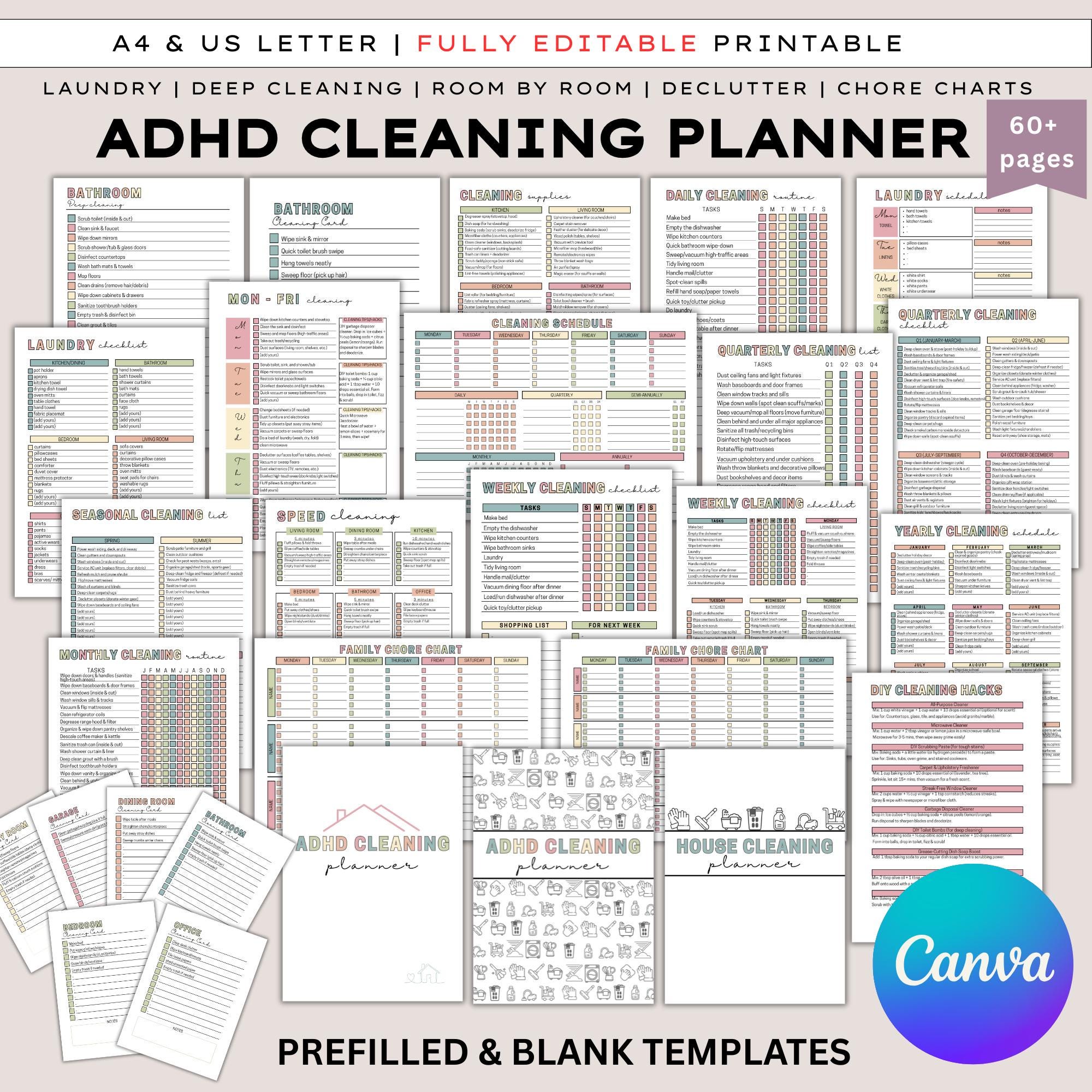 ADHD Cleaning Planner Bundle - Cleaning Checklist, Cleaning Schedule ...