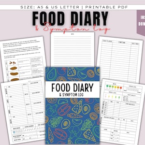 May include: A printable food diary and symptom log with a blue cover featuring food illustrations. The diary includes pages for tracking food intake, symptoms, mood, and bowel movements. The text on the cover reads "FOOD DIARY & SYMPTOM LOG".