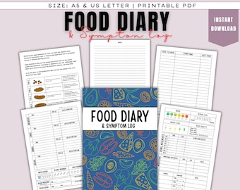 Food Diary and Symptom log Printable, Journal pages, Digital download, Size A5 and US letter, Mood Tracker, Stress Tracker, Food tracker PDF