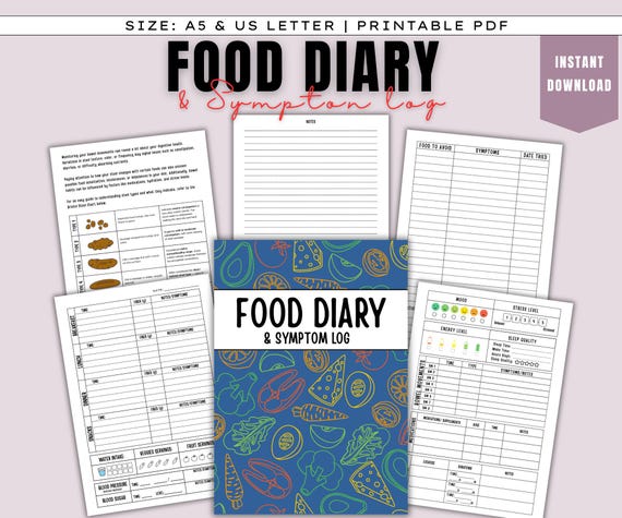 Food Diary and Symptom log Printable, Journal pages, Digital download, Size A5 and US letter, Mood Tracker, Stress Tracker, Food tracker PDF