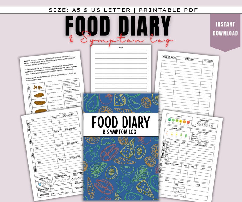 May include: A printable food diary and symptom log with a blue cover featuring food illustrations. The diary includes pages for tracking food intake, symptoms, mood, and bowel movements. The text on the cover reads "FOOD DIARY & SYMPTOM LOG".