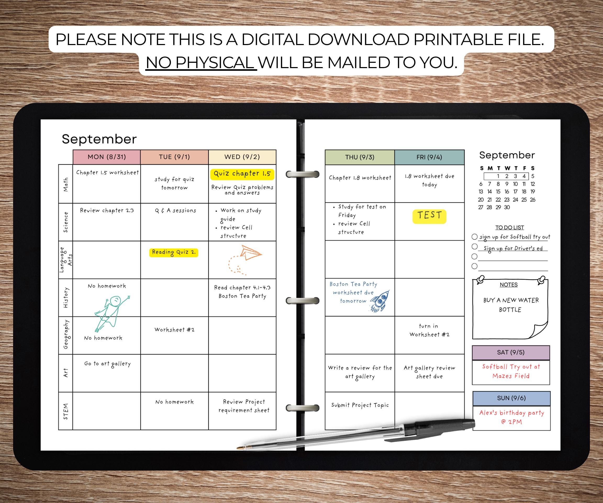 Student Planner PRINTABLE Assignment Tracker Academic Planner ADHD ...