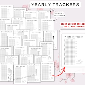 Op de afbeelding: Een verzameling zwart-wit printbare jaarlijkse trackers met rasters voor water, training, fastfood, temperatuur, stress, stappen, gezondheid, lezen, vloeken, energie, tijd, mentale belasting, taken, uitgaven, slaap, schermtijd, stemming, hobby's, koffie, dromen, afleiding, dagelijkse beoordelingen, angst en weer.