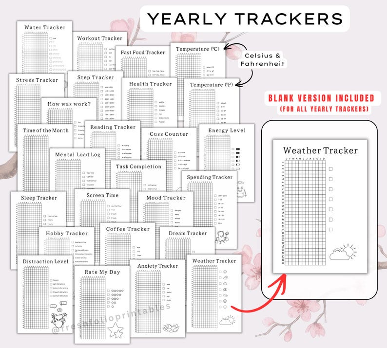 Op de afbeelding: Een verzameling zwart-wit printbare jaarlijkse trackers met rasters voor water, training, fastfood, temperatuur, stress, stappen, gezondheid, lezen, vloeken, energie, tijd, mentale belasting, taken, uitgaven, slaap, schermtijd, stemming, hobby's, koffie, dromen, afleiding, dagelijkse beoordelingen, angst en weer.