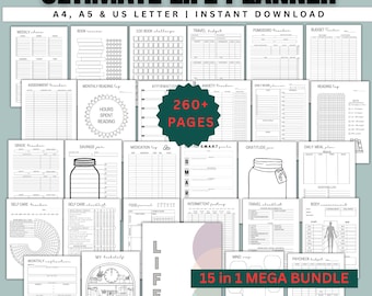 Pacote completo de planejamento de vida para imprimir: Mega pacote com 15 itens em 1 - Ideal para TDAH, Leitura, Finanças, Rastreador de Hábitos e Humor, PDF nos formatos A4/A5/Carta (EUA)