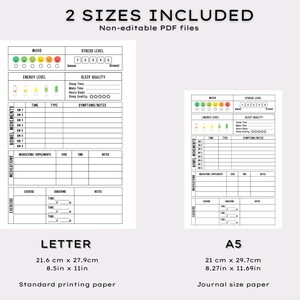 May include: Two printable PDF journal pages for tracking mood, stress, energy, sleep, bowel movements, medications, and exercise. Includes Letter size (8.5 x 11 in) and A5 size (8.27 x 11.69 in) templates. The text "2 SIZES INCLUDED" is at the top.