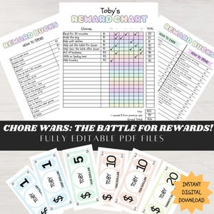 Puede incluir: Un cuadro de tareas imprimible para niños con un diseño de arcoíris colorido. El cuadro incluye una lista de tareas y un espacio para realizar un seguimiento de la finalización con marcas de verificación. El cuadro también incluye una sección para dólares de recompensa y cómo gastarlos. El texto en el cuadro dice "Toby's Reward Chart" y "Chore Wars: The Battle for Rewards! Fully Editable PDF Files".