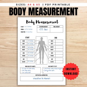 May include: A printable body measurement chart with the text "BODY MEASUREMENT" at the top. The chart includes sections for neck, bust, biceps, waist, hips, thighs, abs, and calves measurements in inches. It also has a section for starting and final weight in lbs.