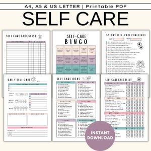 以下が含まれることがあります： 「SELF CARE」というタイトルの印刷可能なPDF。画像には、チェックリスト、ビンゴ、30日間のチャレンジなど、さまざまなセルフケアテンプレートが表示されています。デザインは、ピンク、ブルー、グリーンなどのパステルカラーを使用しています。