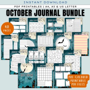 May include: A collection of printable PDF pages with an October theme. The pages include a habit tracker, budget, mood tracker, and more. The bundle includes 40 pages and is available in A4, A5, and US Letter sizes.