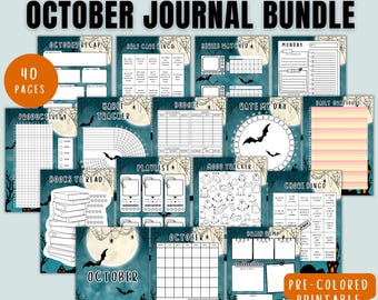 May include: A collection of printable PDF pages with an October theme. The pages include a habit tracker, budget, mood tracker, and more. The bundle includes 40 pages and is available in A4, A5, and US Letter sizes.