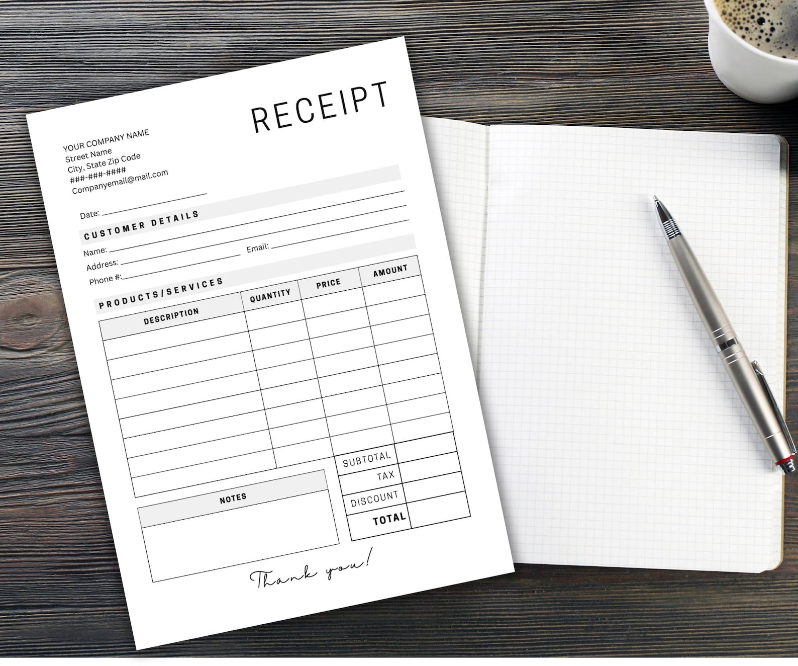 Editable Business Receipt Template: Printable Fillable Form (instant ...