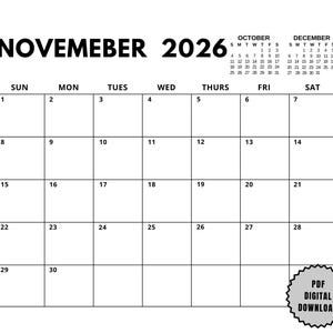November 2026 Printable Calendar, Minimalist Monthly Planner, Digital Download Planner Sunday + Monday Start Landscape  A4 US Letter PDF