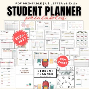 Op de afbeelding: Een verzameling afdrukbare studentenplanners met verschillende lay-outs, waaronder aanwezigheidslijsten, doelpagina's en kalenders. De titel "STUDENT PLANNER" staat prominent afgebeeld, samen met de jaren 2026-2027. Meer dan 190 pagina's, US Letter formaat (8,5x11 inch).