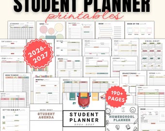 May include: A collection of printable student planners with various layouts, including attendance trackers, goal-setting pages, and calendars. The title "STUDENT PLANNER" is prominently displayed, along with the years 2026-2027. The pages are US Letter size (8.5x11).