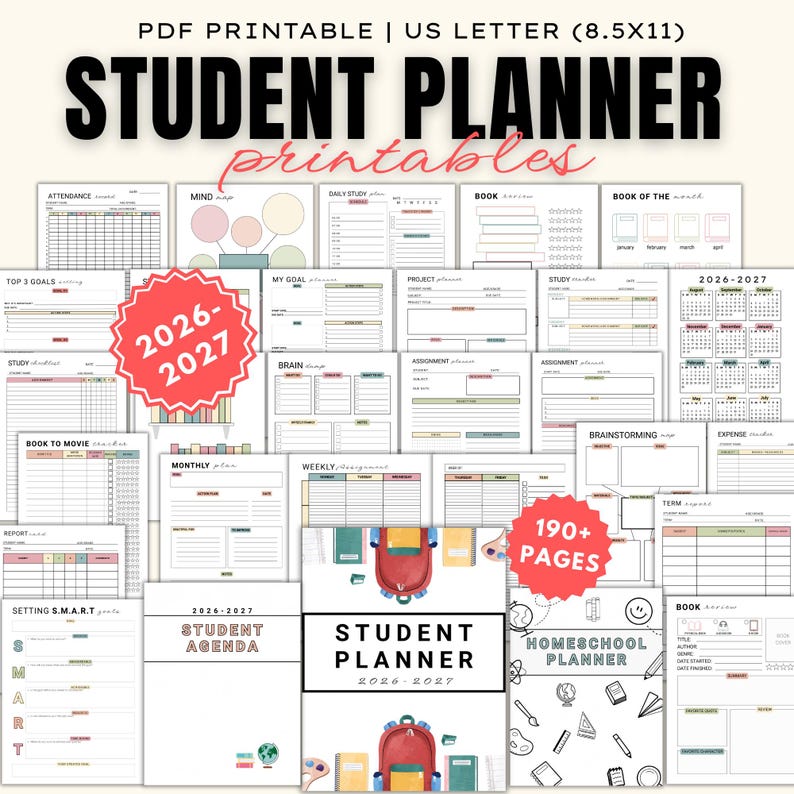 May include: A collection of printable student planners with various layouts, including attendance trackers, goal-setting pages, and calendars. The title "STUDENT PLANNER" is prominently displayed, along with the years 2026-2027. The pages are US Letter size (8.5x11).