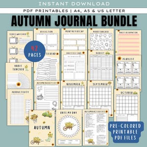 May include: An autumn journal bundle with 42 pages of printable PDF files. The pages include a habit tracker, budget, daily self-care, and monthly calendar pages. The design features sunflowers and fall-themed graphics.