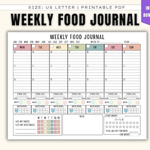 May include: A printable US Letter size weekly food journal with sections for daily food intake, mood, stress levels, and water consumption. Includes a section to track fruit and vegetable consumption, and a weight loss tracker.