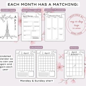Op de afbeelding: Een digitale planner-set voor april met een voorpagina met een illustratie van de Tokyo Tower, een maandoverzicht, een weekplanner, twee ongedateerde kalenders met maandag- en zondagstart, en een april-bingokaart, versierd met kersenbloesem.