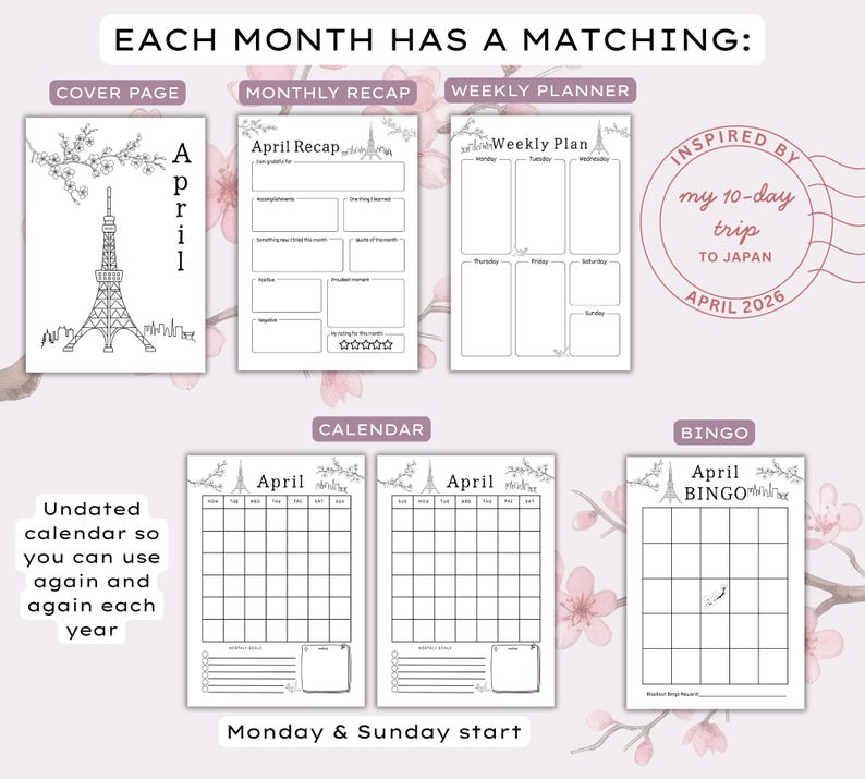 Op de afbeelding: Een digitale planner-set voor april met een voorpagina met een illustratie van de Tokyo Tower, een maandoverzicht, een weekplanner, twee ongedateerde kalenders met maandag- en zondagstart, en een april-bingokaart, versierd met kersenbloesem.