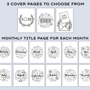 May include: Black and white illustrated planner pages. The image shows three cover page options with the year 2026, and monthly title pages for each month of the year, with seasonal illustrations.