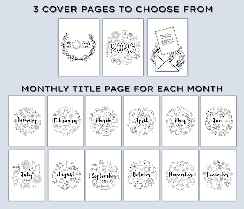 May include: Black and white illustrated planner pages. The image shows three cover page options with the year 2026, and monthly title pages for each month of the year, with seasonal illustrations.