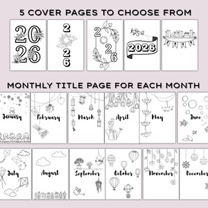 May include: A collection of black and white planner pages. The top row features five cover page options with the year 2026. The bottom rows display monthly title pages, each with a unique seasonal illustration and the month's name.