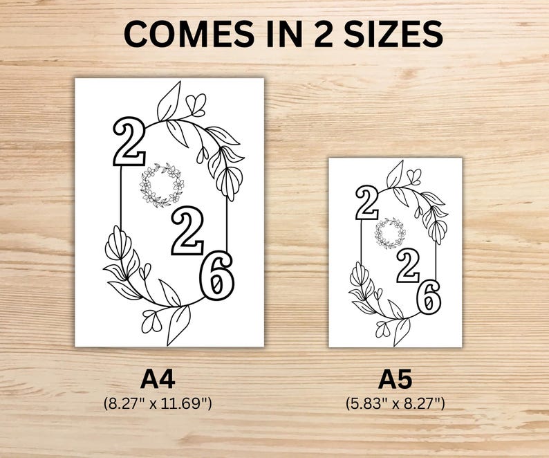 May include: Two white prints with the numbers "226" inside a floral frame. The prints are labeled A4 (21 cm x 29.7 cm) and A5 (14.8 cm x 21 cm). The text "COMES IN 2 SIZES" is at the top.