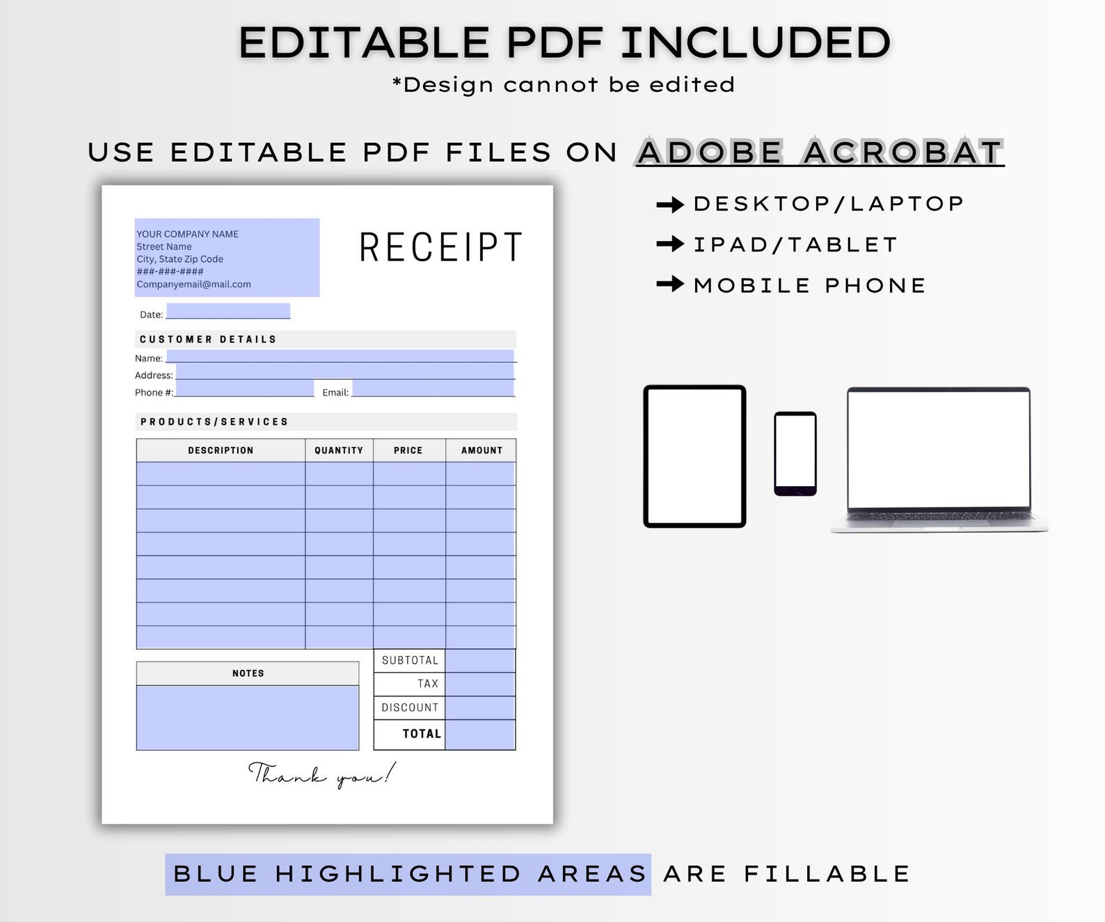 Editable Business Receipt Template: Printable Fillable Form (instant ...