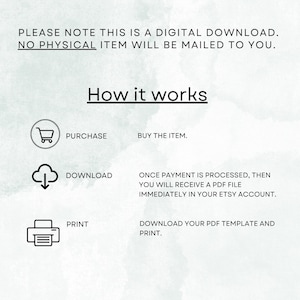 May include: A digital download graphic with instructions. Text reads "PLEASE NOTE THIS IS A DIGITAL DOWNLOAD. NO PHYSICAL ITEM WILL BE MAILED TO YOU." The graphic shows a shopping cart, cloud, and printer with text explaining the process.