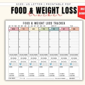 May include: A printable food and weight loss tracker in US Letter size. The black text on the white background includes sections for daily food intake, exercise, and water consumption. The title "FOOD & WEIGHT LOSS TRACKER" is at the top.