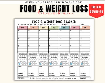 Food & Weight Loss Tracker - Workout Tracker, Food Journal, Weight Loss tracker, Weekly Meal Plan, Water Log, Fitness Tracker, Exercise PDF