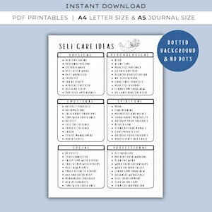 Könnte beinhalten: Ein druckbares PDF mit Ideen zur Selbstpflege, einschließlich physischer, psychologischer, emotionaler, spiritueller, sozialer und beruflicher Kategorien. Der Text ist in einem Raster mit gepunktetem Hintergrund angeordnet. Verfügbar in A4- und A5-Formaten.
